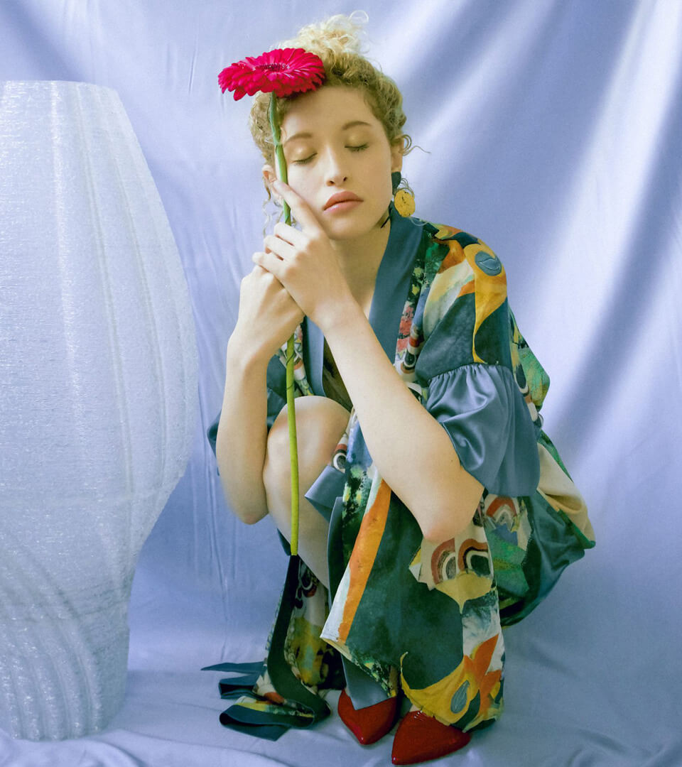Anarela 100% silk kimono blu girl with flower